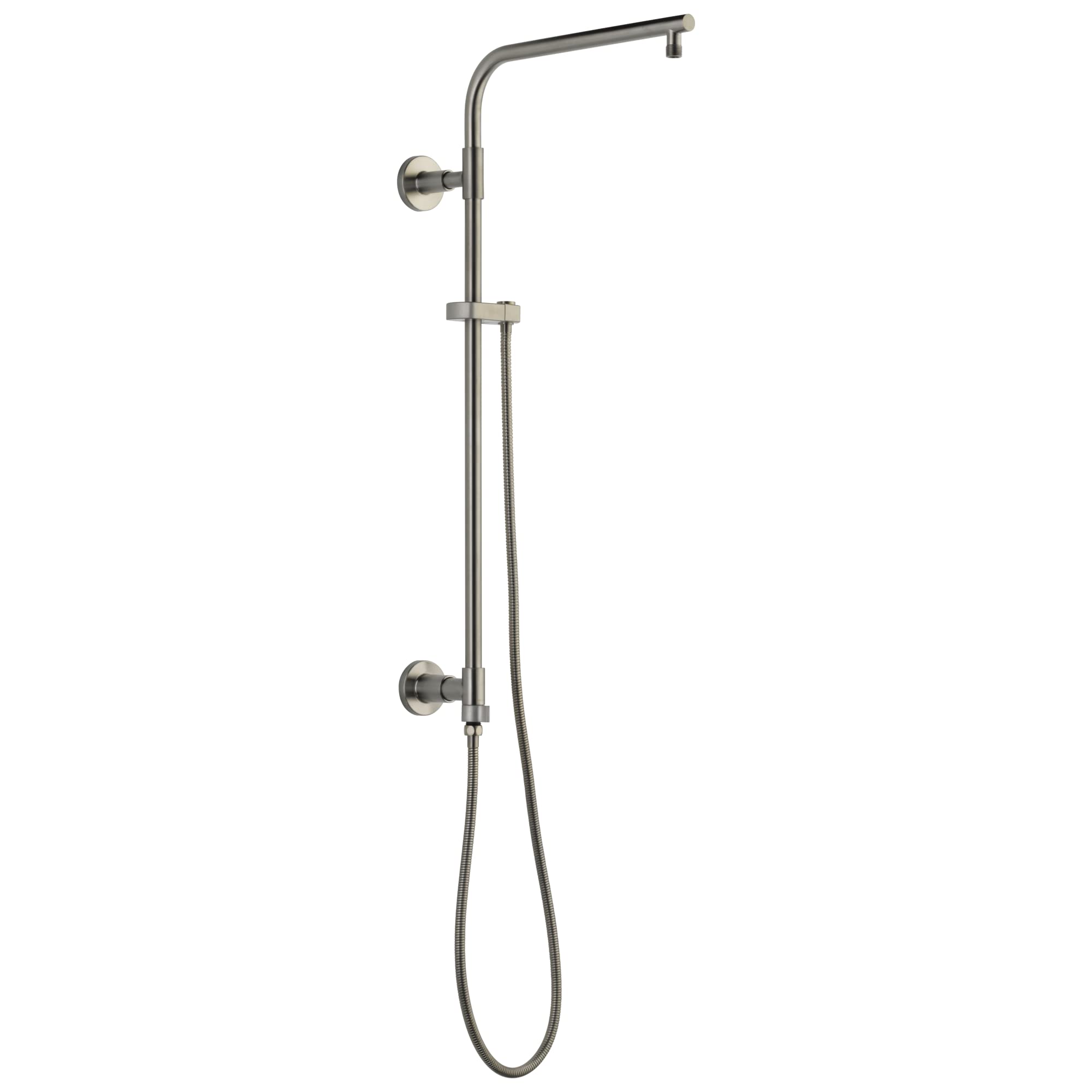 Brushed nickel shower column with overhead rainfall head, wall-mounted arm, and handheld showerhead on hose.