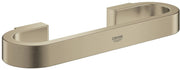 Brushed nickel grab bar with curved ends and rectangular wall mounts, approximately 12 inches long.