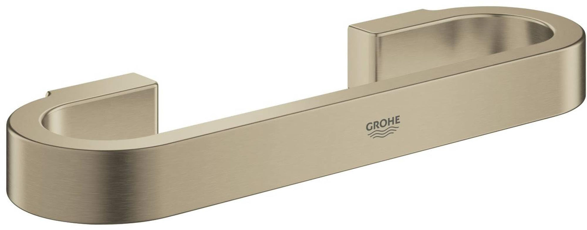 Brushed nickel grab bar with curved ends and rectangular wall mounts, approximately 12 inches long.