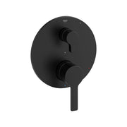 Matte black circular valve trim with two control handles and diverter lever for bathroom shower installation.