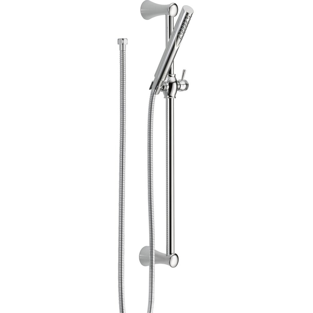 Chrome hand shower with slide bar mount, flexible hose, and wall brackets.