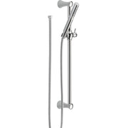 Chrome hand shower with slide bar mount, flexible hose, and wall brackets.