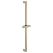 Brushed nickel vertical shower slide bar with horizontal adjustment bracket for hand shower attachment.