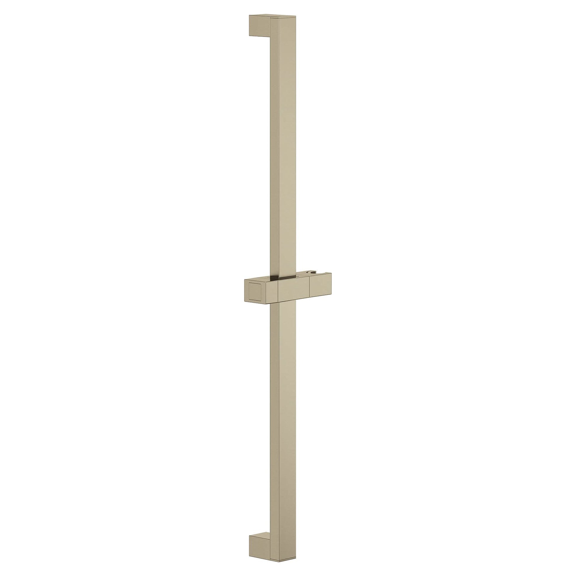 Brushed nickel vertical shower slide bar with horizontal adjustment bracket for hand shower attachment.