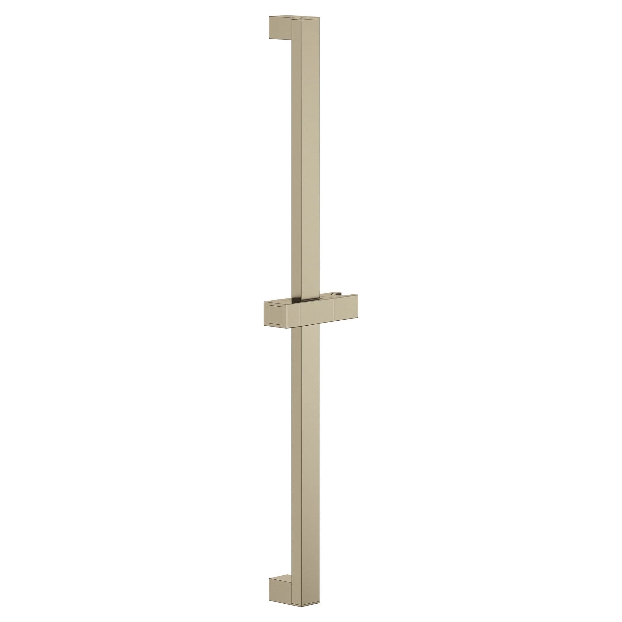 Brushed nickel vertical shower slide bar with horizontal adjustment bracket for hand shower attachment.