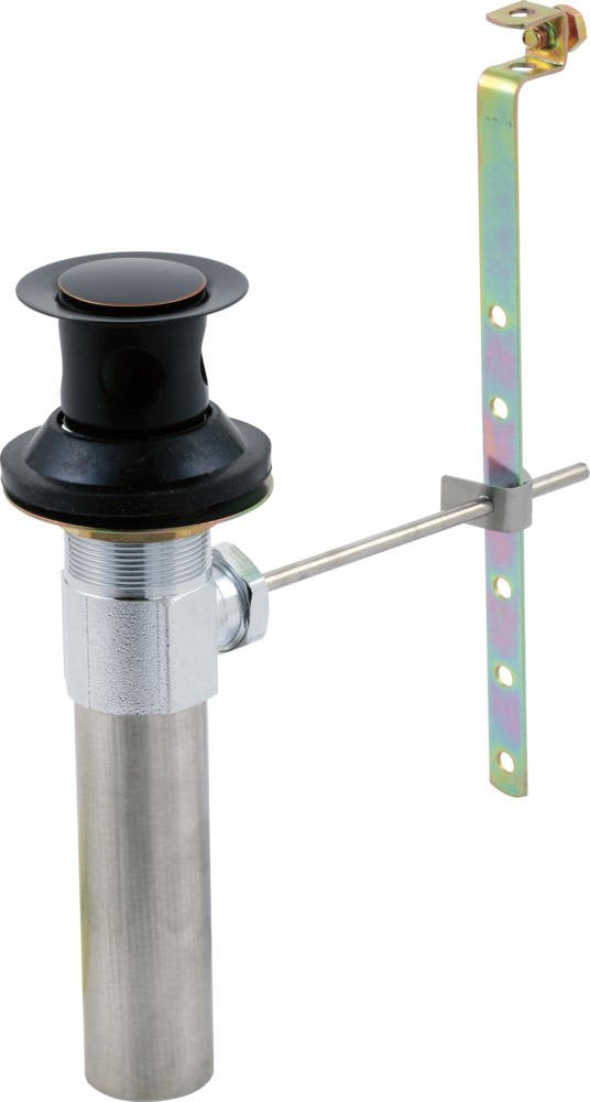 Oil-rubbed bronze drain assembly with black pop-up stopper, metal tailpiece, and brass mounting bracket without lift rod.