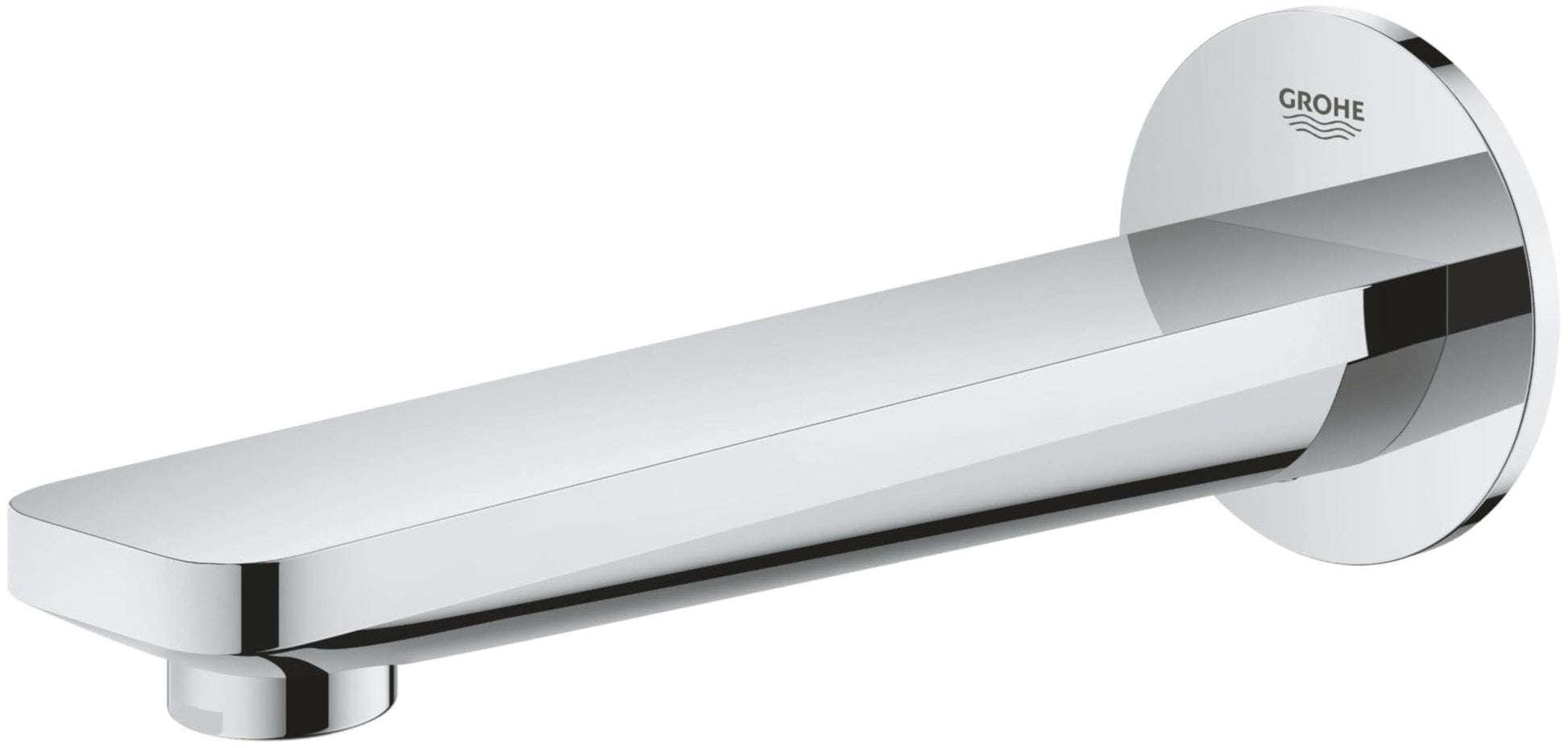 Grohe Lineare tub spout with polished chrome finish and matte black accent, wall-mounted horizontal design.