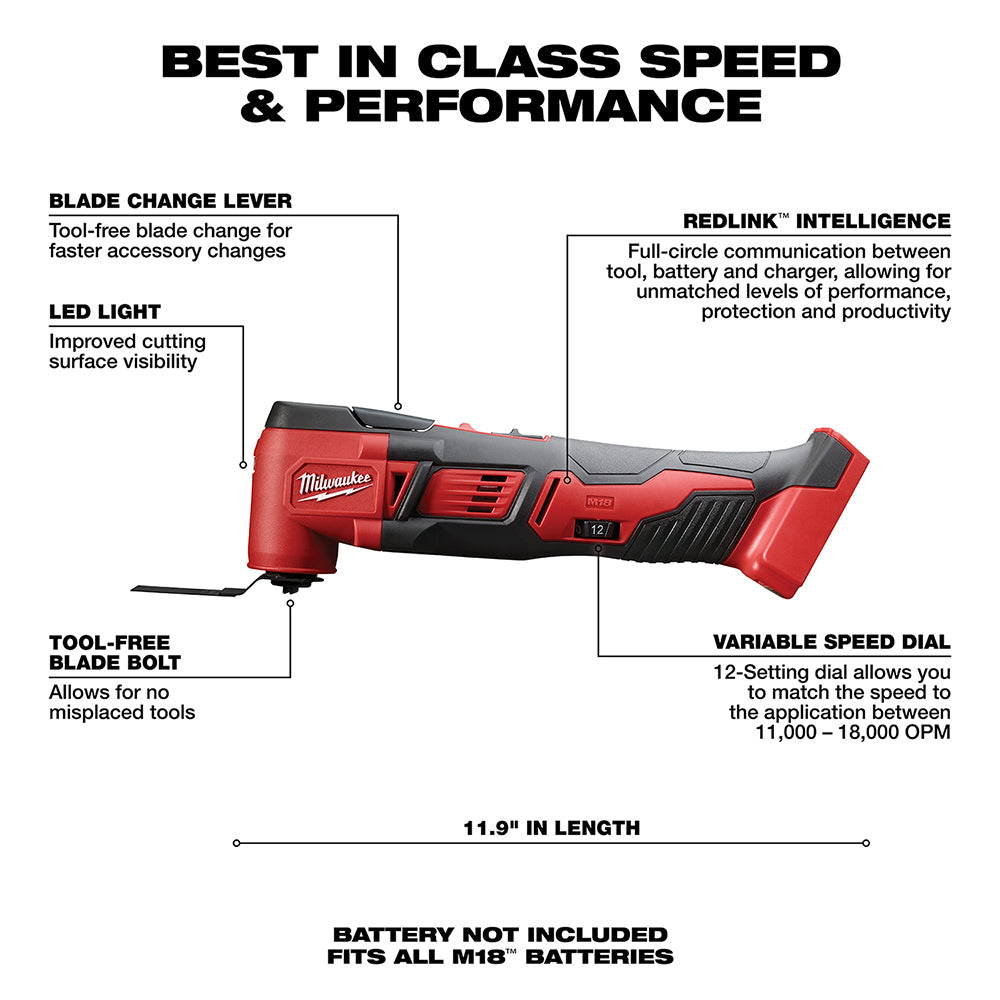 Milwaukee M18 multi-tool in red and black with variable speed dial, LED light, and tool-free blade change lever.