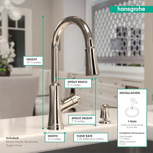 Polished nickel high-arc kitchen faucet with pull-down sprayer and single handle control.