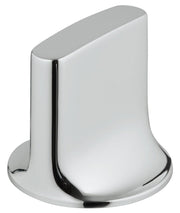 Chrome faucet handle with white grip and black accent trim on circular base.