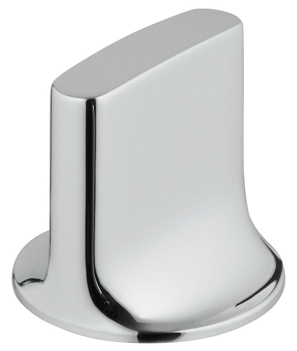 Chrome faucet handle with white grip and black accent trim on circular base.
