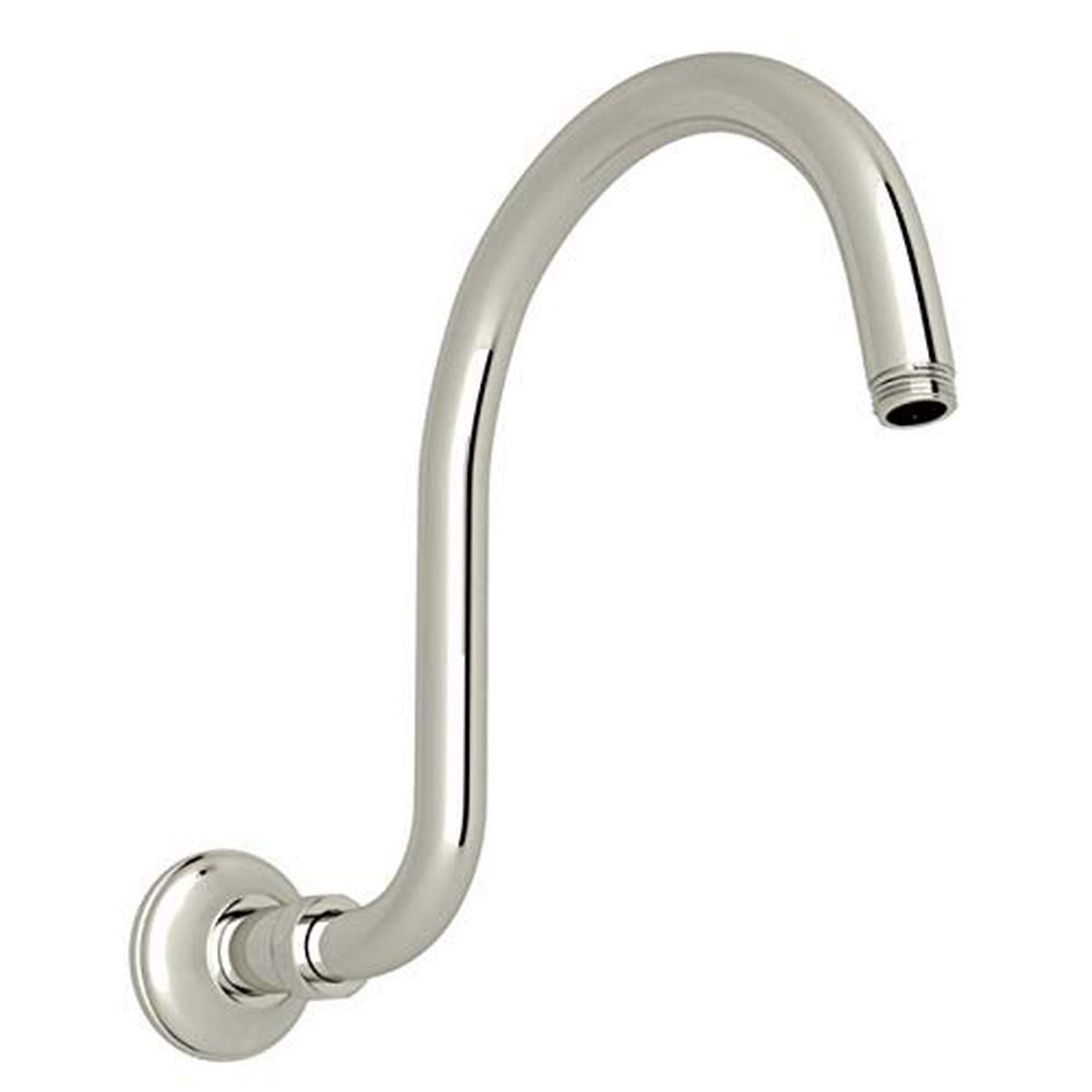 Polished nickel wall-mounted shower arm with curved tube and circular wall plate.