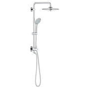 Chrome shower system with overhead rainfall showerhead, handheld spray, vertical rail, and wall-mounted controls.