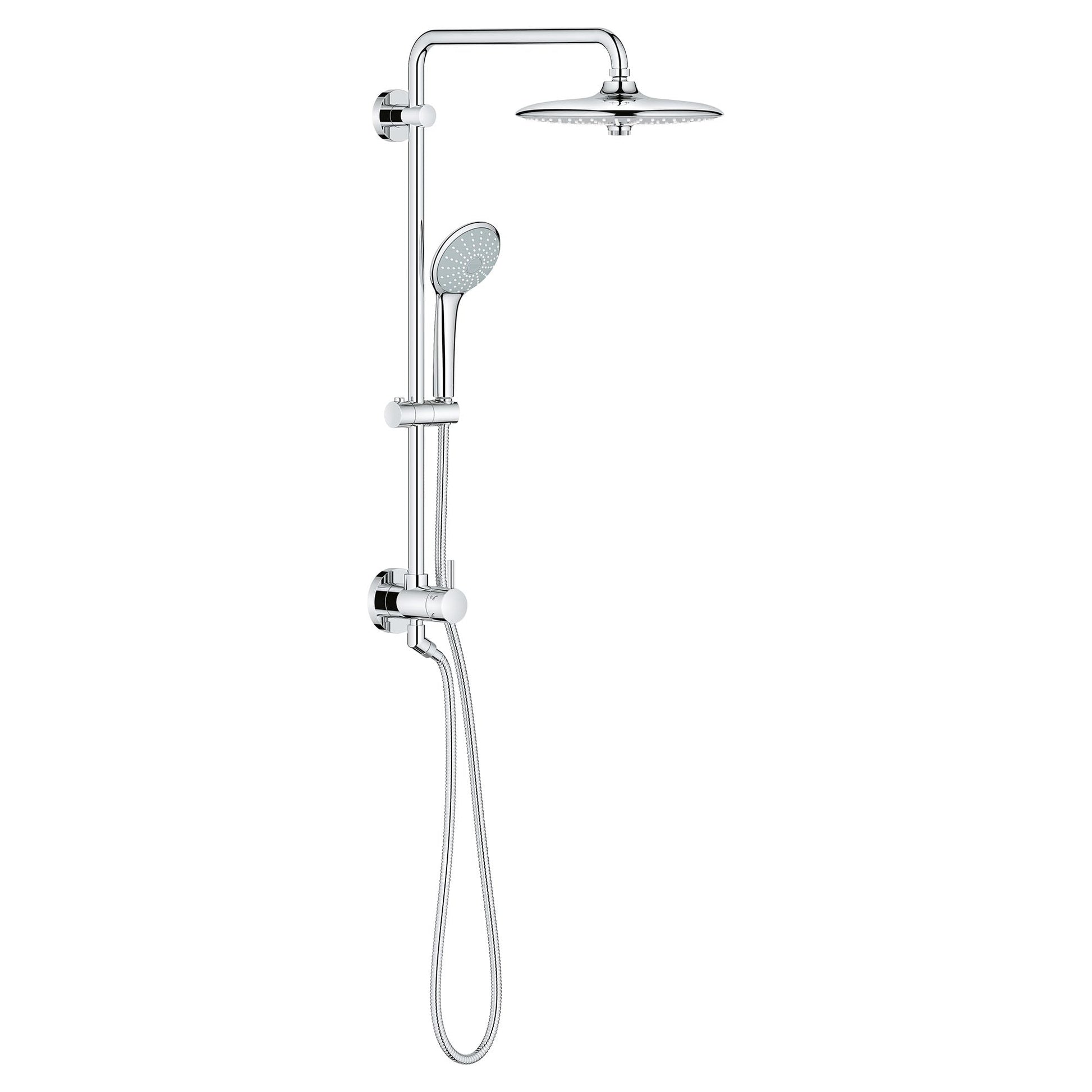 Chrome shower system with overhead rainfall showerhead, handheld spray, vertical rail, and wall-mounted controls.