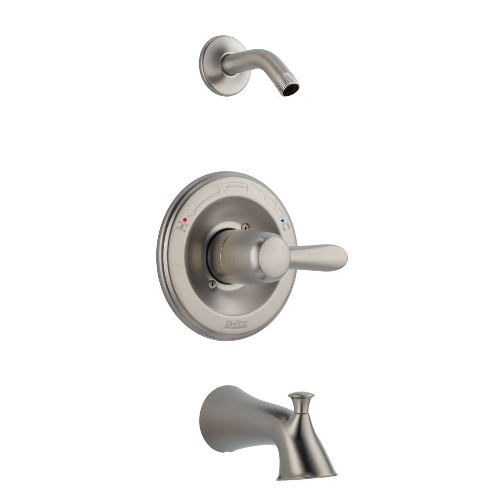 Brushed nickel tub and shower trim with single-lever valve, curved spout, and tub spout.