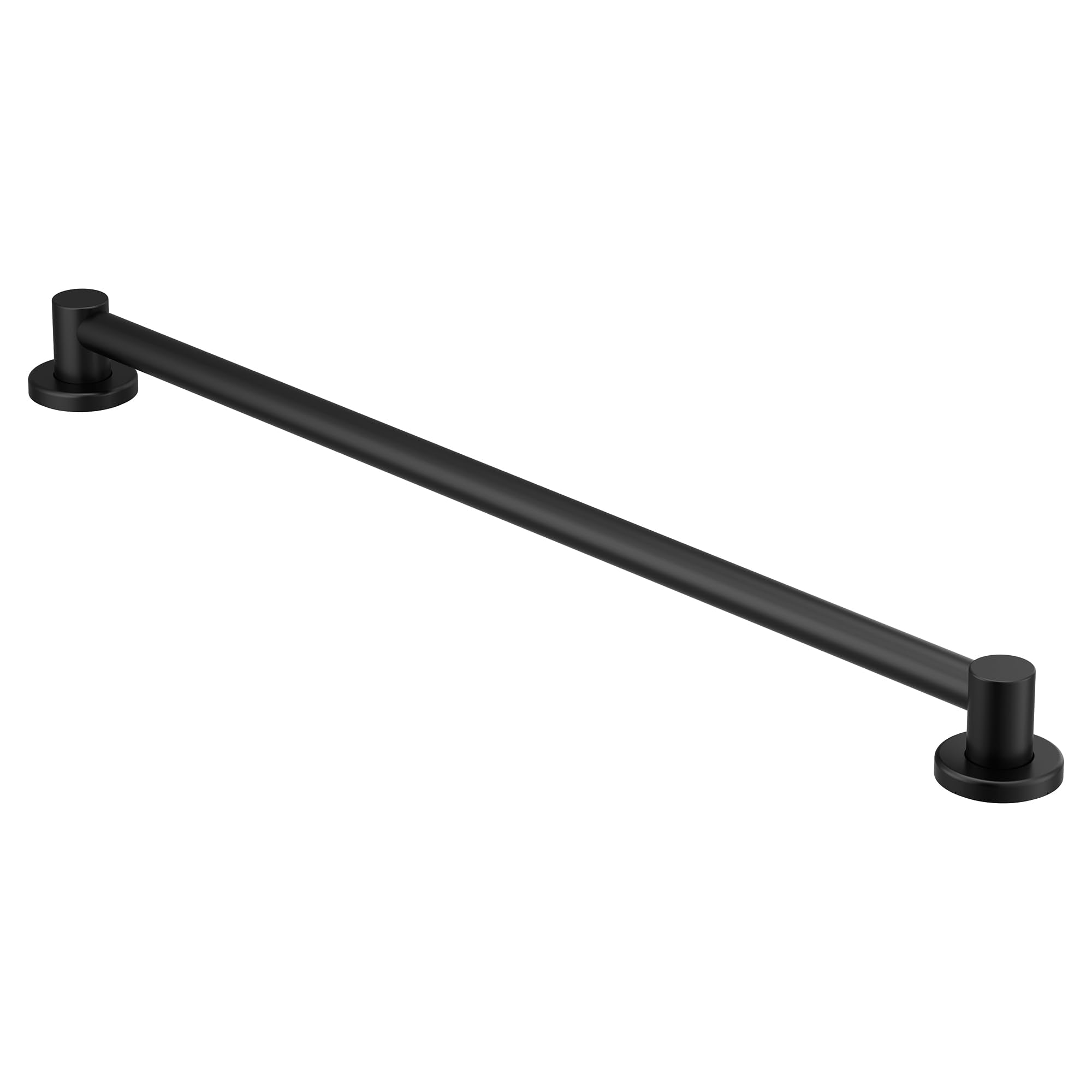 Matte black cylindrical grab bar with mounting flanges at each end, angled downward from left to right.