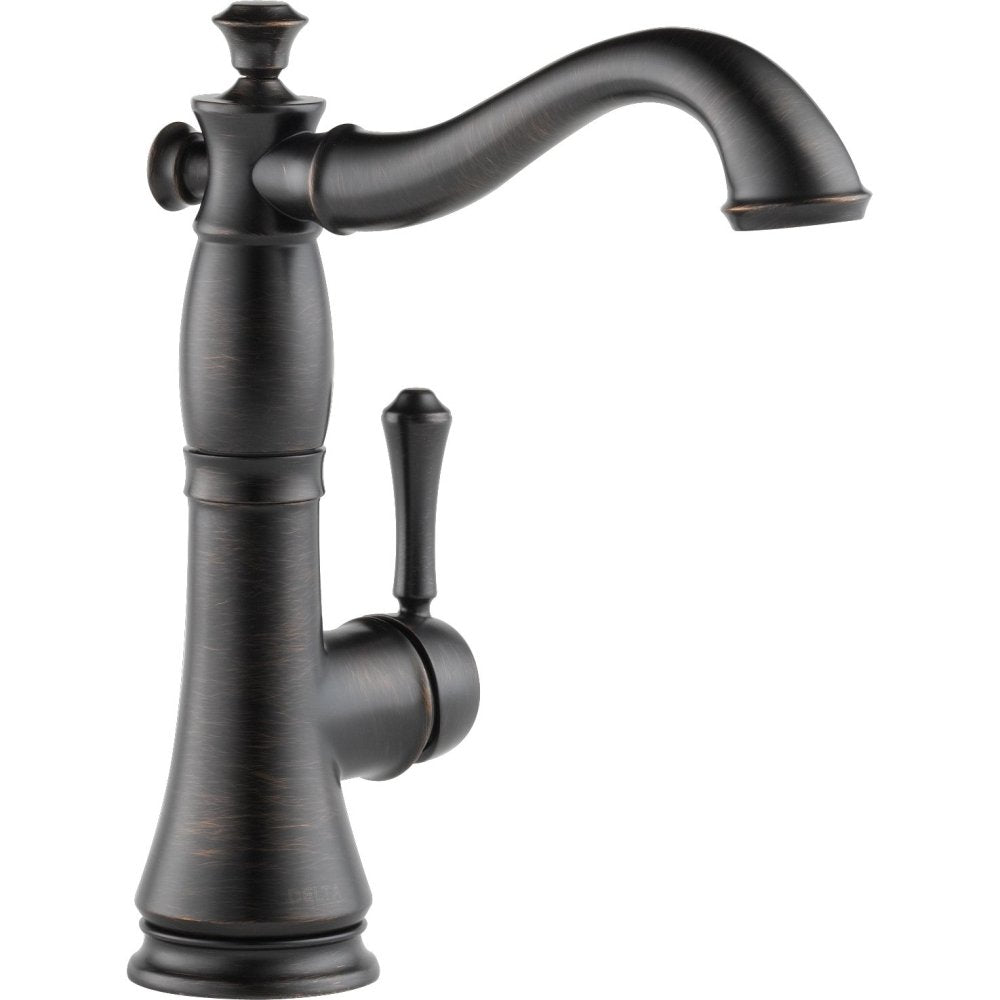 Black single handle bar faucet with curved spout and decorative base, shown against white background.