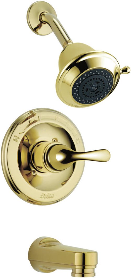 Polished brass tub and shower trim with single lever handle, showerhead with black faceplate, and tub spout.