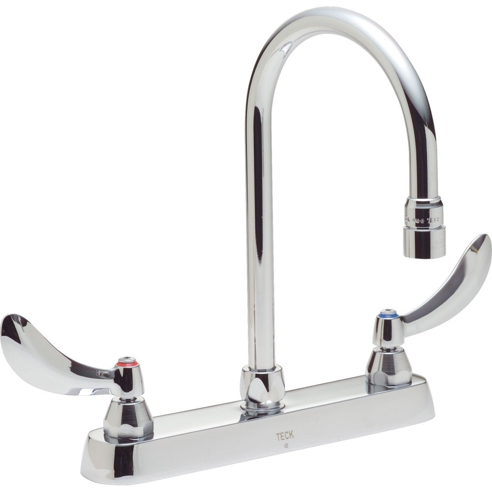 Chrome deck mount faucet with two lever handles and curved gooseneck spout.
