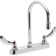 Chrome deck mount faucet with two lever handles and curved gooseneck spout.