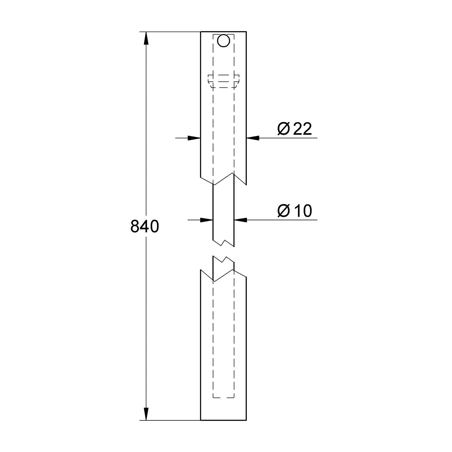 Chrome shower rail with 22mm diameter upper section and 10mm diameter lower connector, 840mm total length.