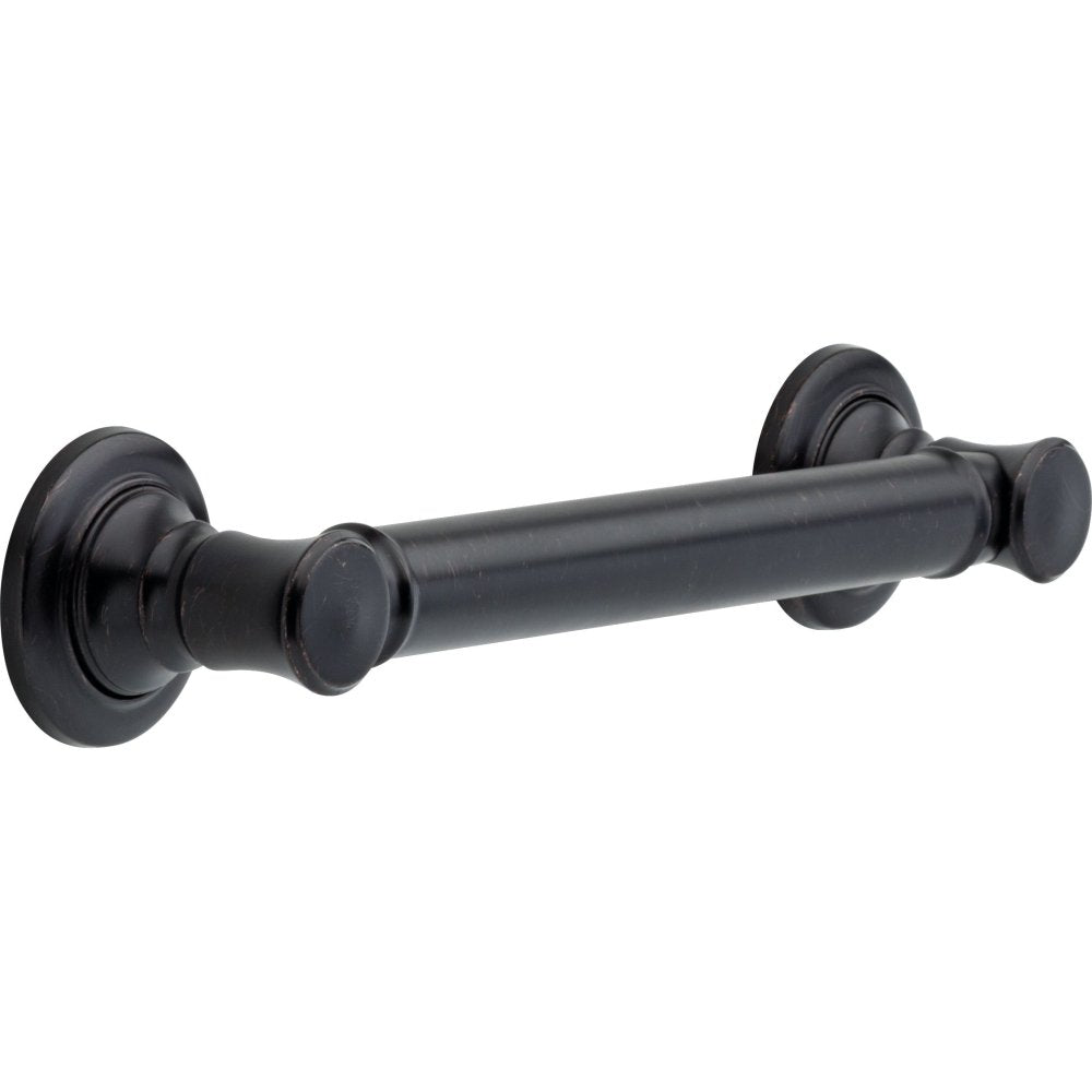 Black metal grab bar with circular mounting flanges on each end and decorative knobs on the sides.