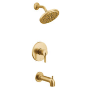Brushed gold tub and shower trim kit with single handle lever, round showerhead with perforations, and curved tub spout.