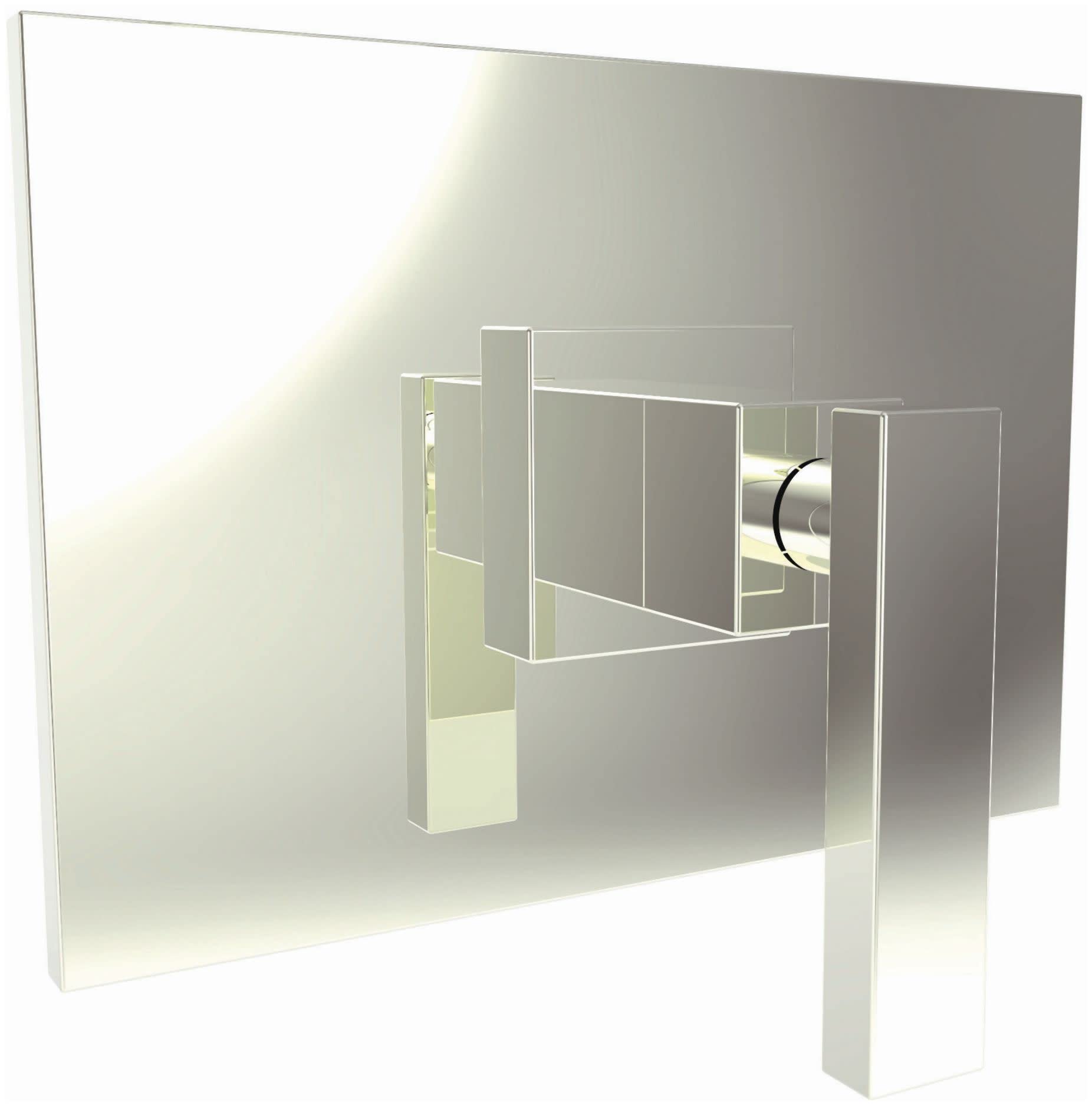 Polished nickel shower valve trim with rectangular escutcheon plates and single lever handle in geometric design.