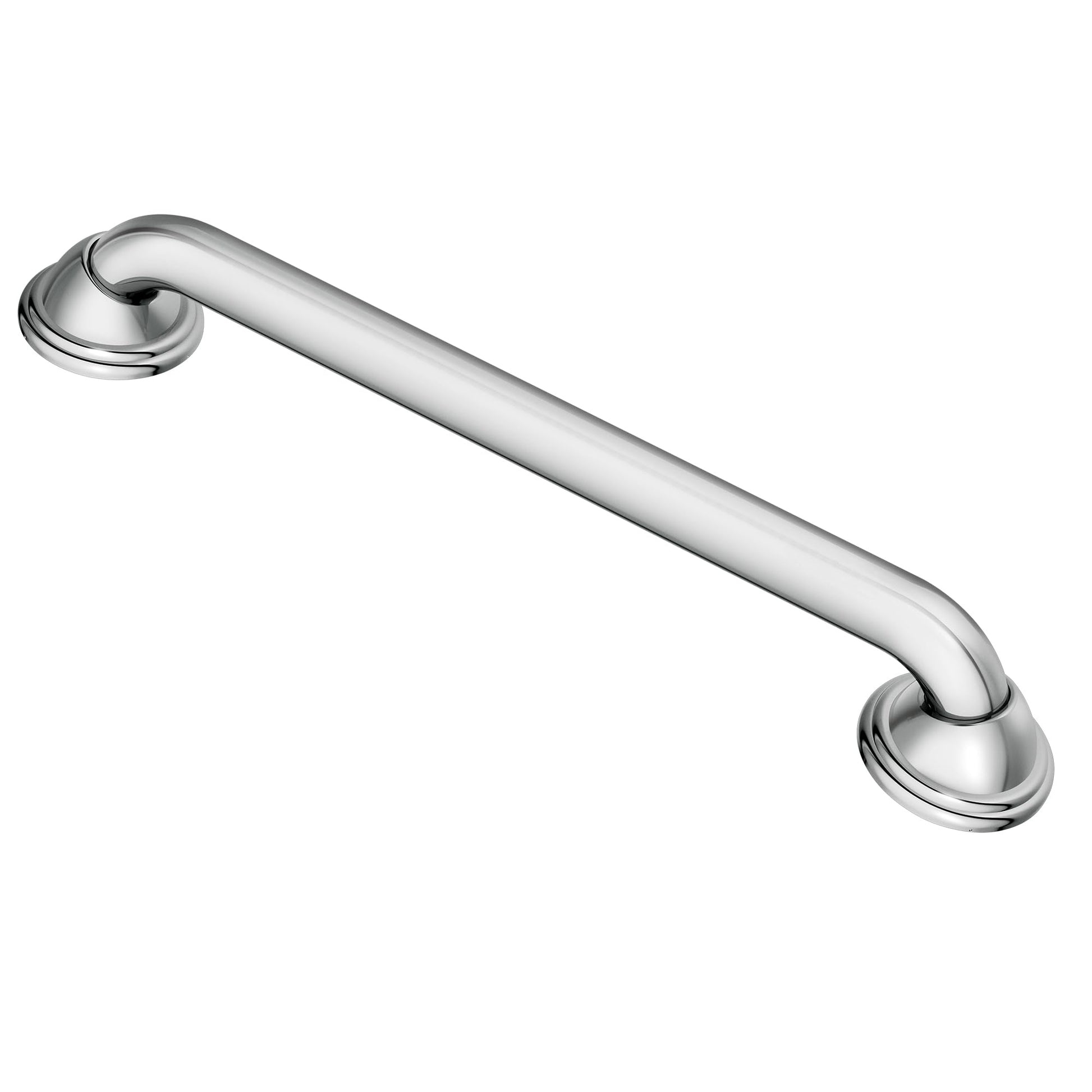 Chrome grab bar with curved ends and mounting flanges on both sides.