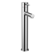 Chrome single-handle vessel sink faucet with tall cylindrical spout and lever control on side.