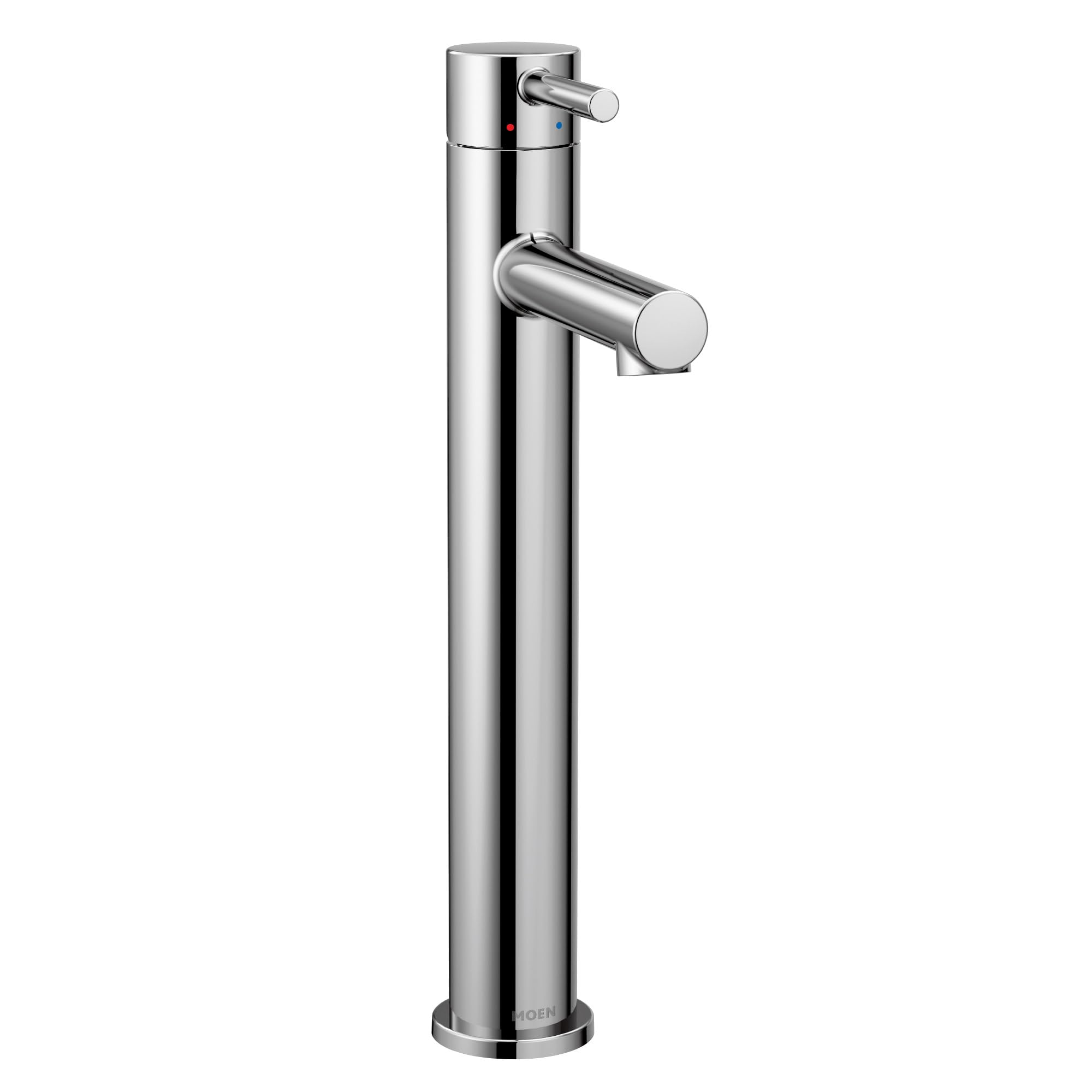 Chrome single-handle vessel sink faucet with tall cylindrical spout and lever control on side.
