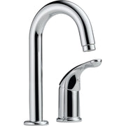 Chrome single-handle bar faucet with tall curved spout and lever handle on white background.
