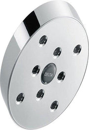 Chrome raincan shower head with nine spray nozzles arranged around center Delta logo and black mounting bracket.