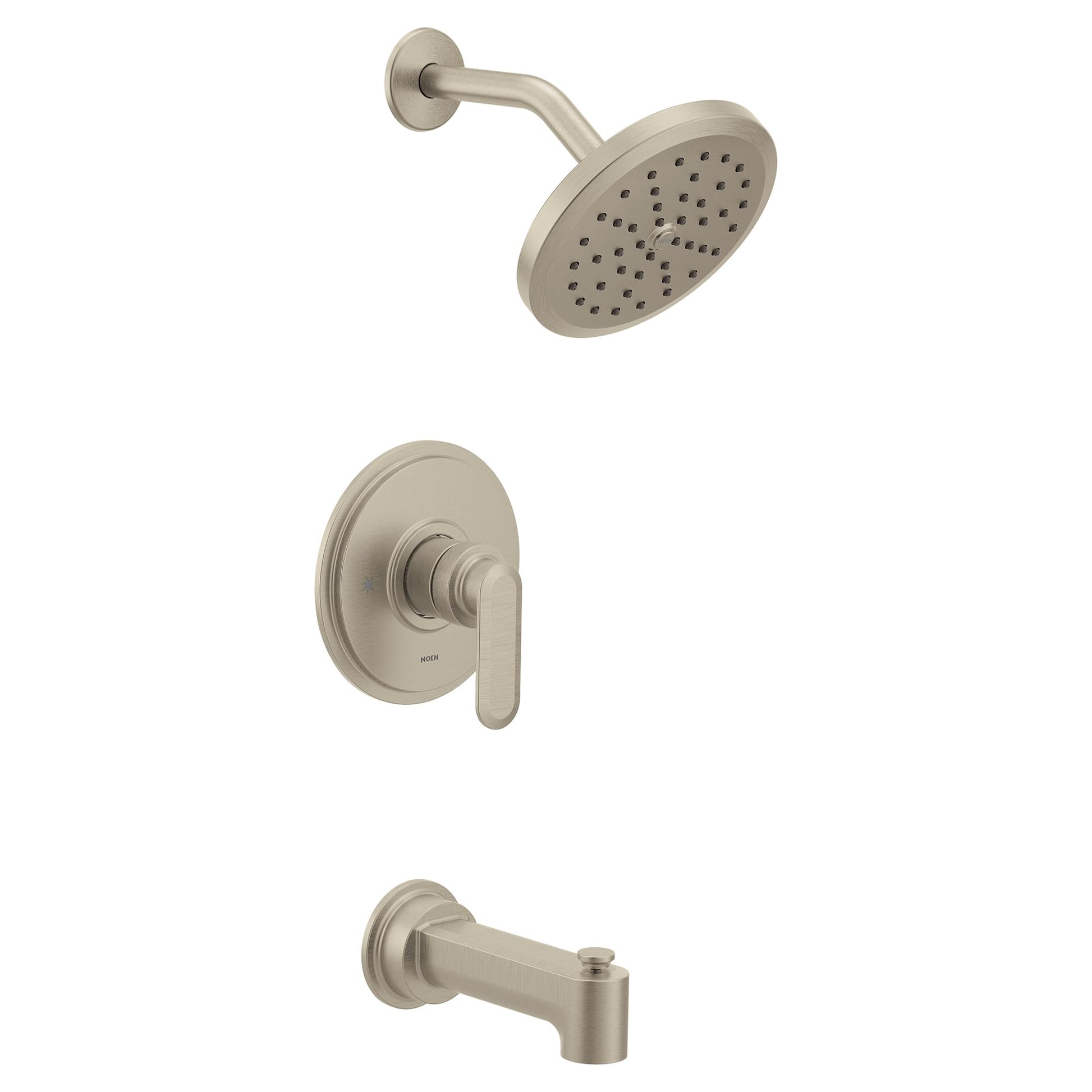 Brushed nickel shower trim set with wide round showerhead, single-lever handle, and tub spout.
