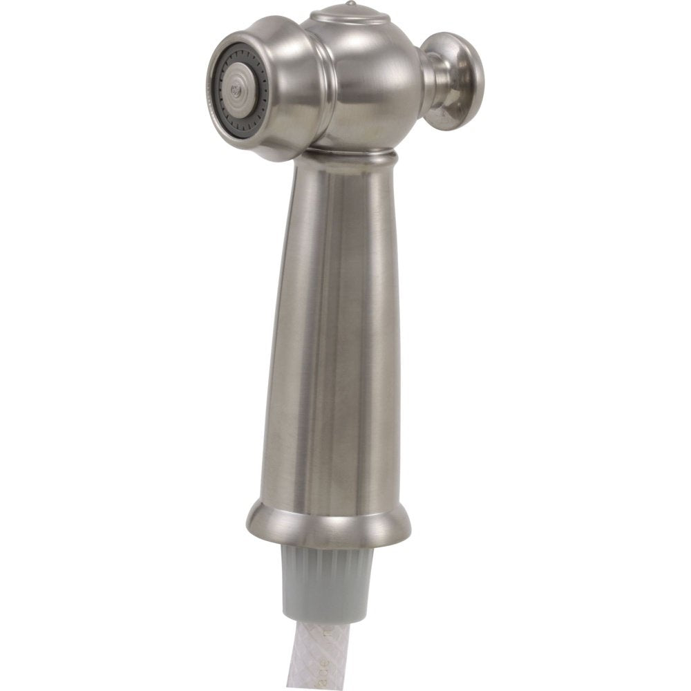 Stainless steel side spray and hose assembly with spray head and tapered handle.