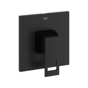 Matte black square shower valve trim with single lever handle and Grohe branding on escutcheon plate.