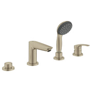 Brushed nickel four-piece Roman tub faucet with single handle spout, handheld showerhead, and two control knobs.