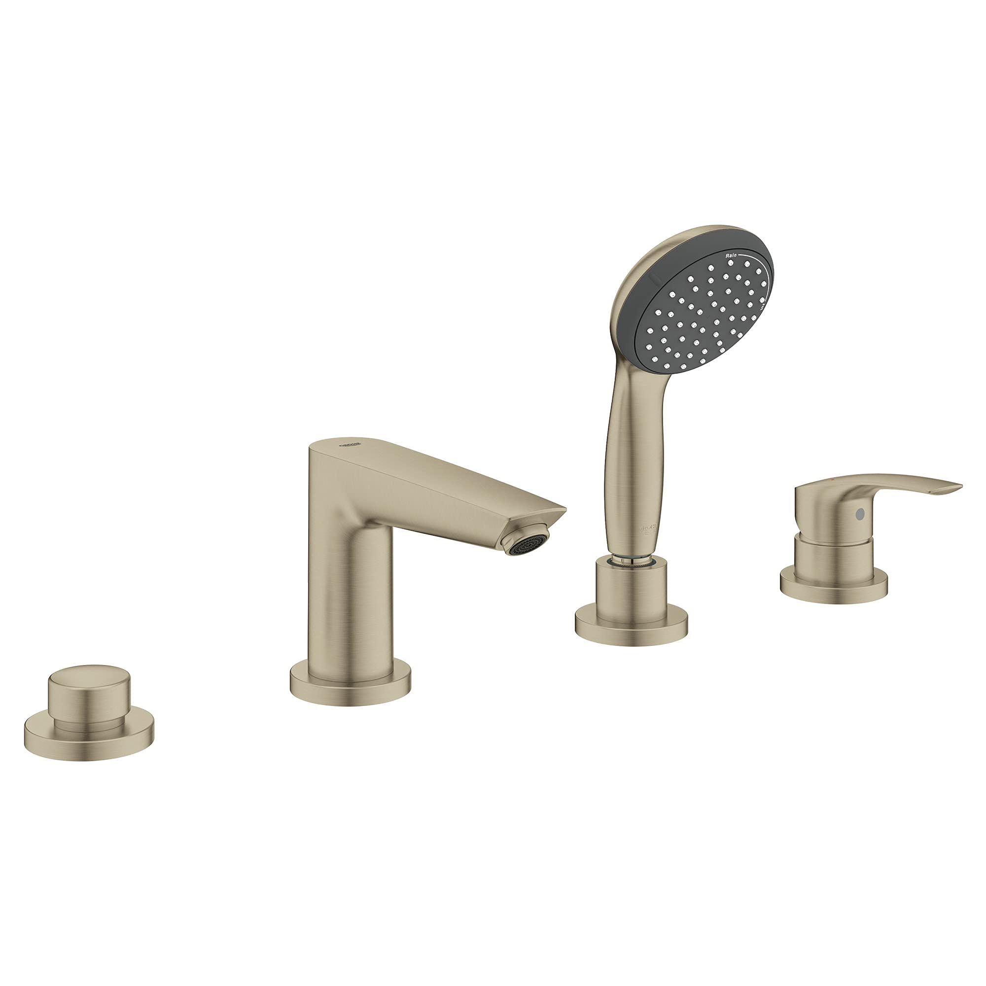 Brushed nickel four-piece Roman tub faucet with single handle spout, handheld showerhead, and two control knobs.