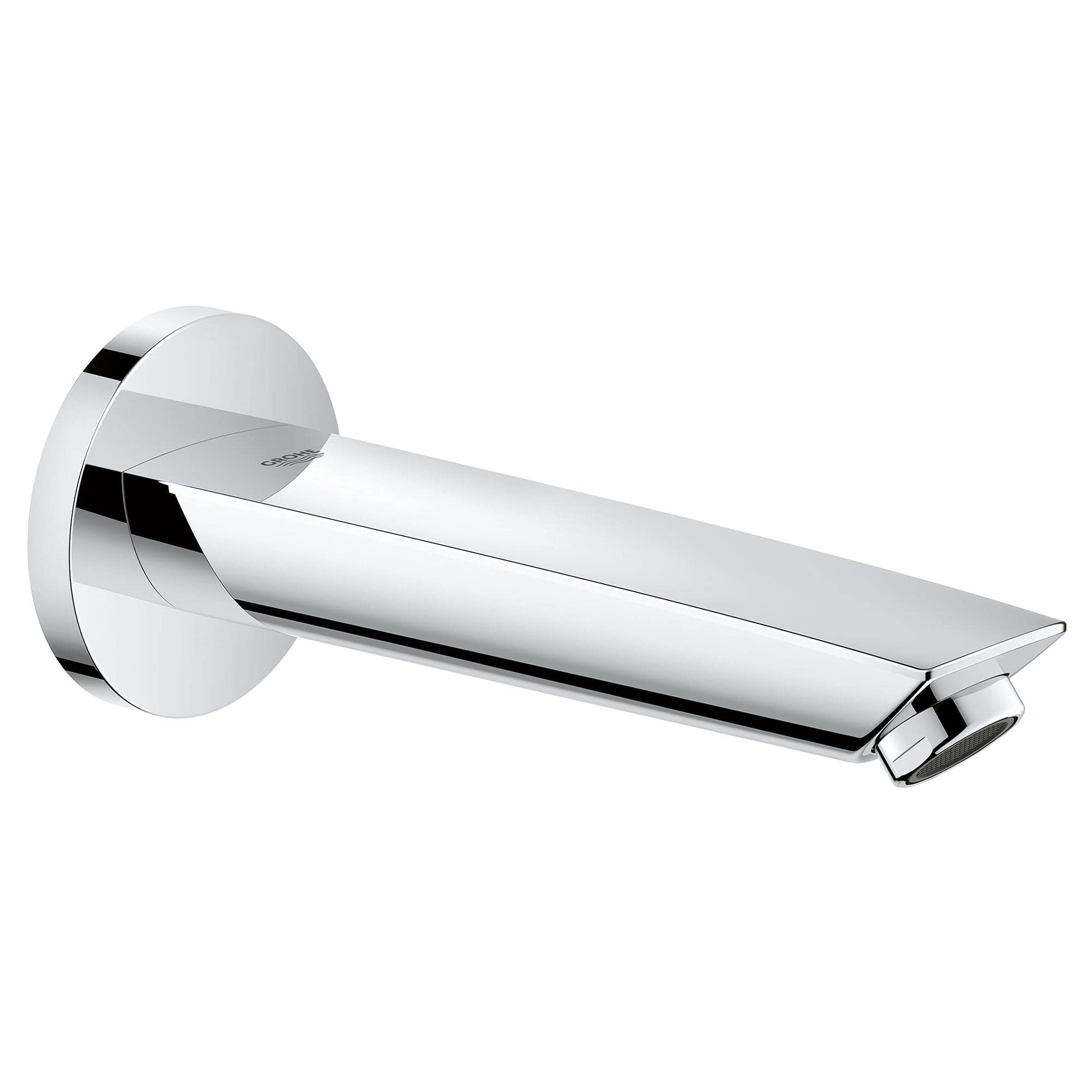 Grohe Eurosmart chrome tub spout with circular wall flange and angled outlet.