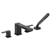Matte black two-handle roman tub faucet with matching handshower and square spout.