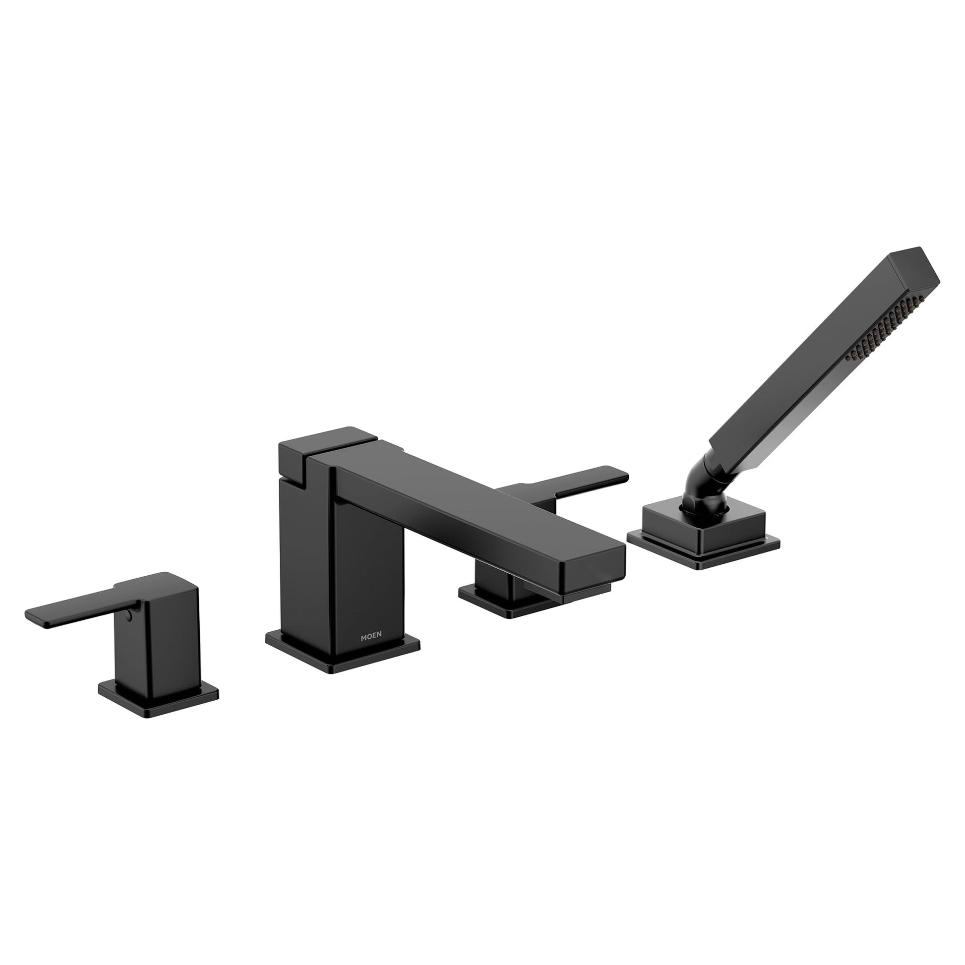 Matte black two-handle roman tub faucet with matching handshower and square spout.
