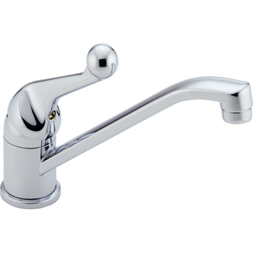 Chrome single handle kitchen faucet with lever control and curved spout.