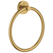 Brushed gold circular towel ring with wall-mounted round backplate and cylindrical fastener.