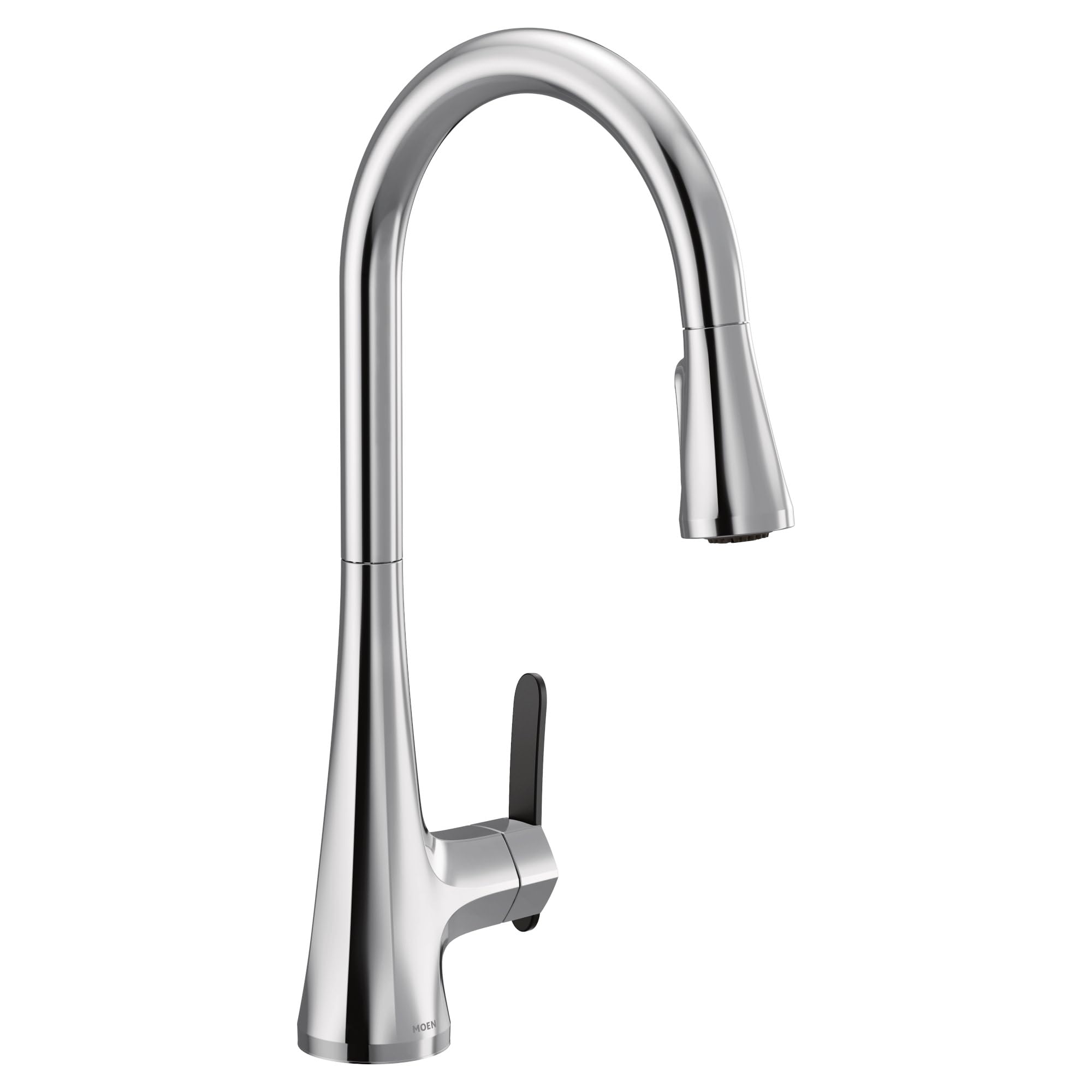 Chrome single-handle kitchen faucet with high arc spout and pulldown spray head.