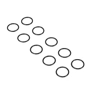Multiple black o-rings arranged on white background.