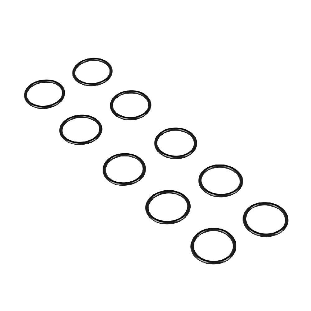 Multiple black o-rings arranged on white background.