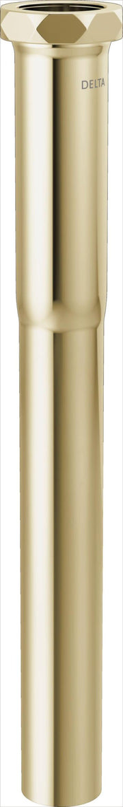 Polished nickel cylindrical P-trap slip joint extension with hexagonal slip nut at top and Delta branding.