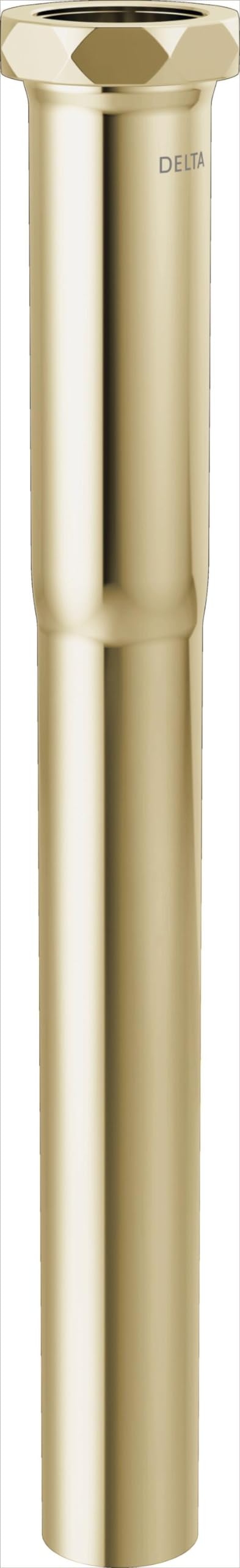 Polished nickel cylindrical P-trap slip joint extension with hexagonal slip nut at top and Delta branding.