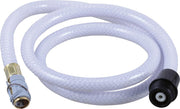 Clear vinyl hose with brass quick-connect fitting on one end and black spray nozzle on the other.