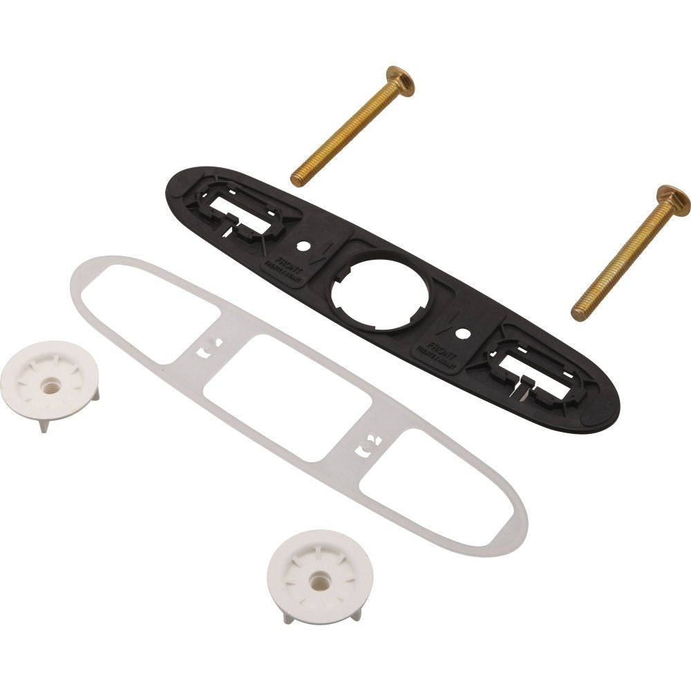 Black and white base plates with two white circular escutcheons and two brass mounting bolts for Delta pull-out faucet instal